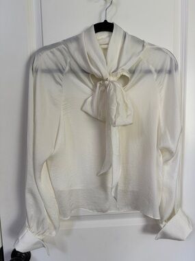 Cream Tie-Neck Long Sleeve Blouse with Bow